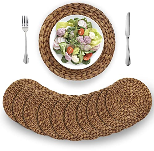 BARIEN - Set di 10 tovagliette rotonde in tessuto di giacinto d'acqua naturale (4 dimensioni: 30,5-33 - 35,6-38,1 cm), tovagliette rotonde in giacinto d'acqua naturale, realizzate a mano,