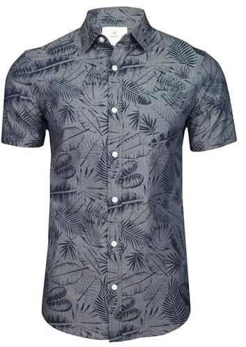 Xact Herren Baumwoll-Hawaii-Blumen-Kurzarmhemd (Kaveri - Mid Blue Chambray) L