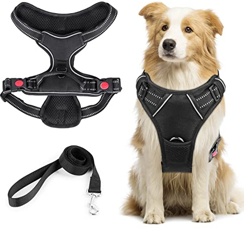 Hundeleine Große Hunde, No-Pull Hundegeschirr, Atmungsaktiv Weich Gepolstert Hundegeschirr Hunde, Reflektierend Einstellbar Brustgeschirr Hunde für Mittelgroße und Große Hunde, L/Schwarz