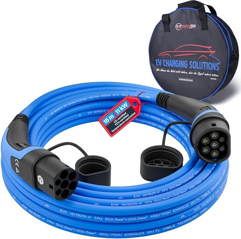 TEUTSCHTECH, Typ 2 Ladekabel – 15m 11 kW 16 A 3-phasig Mode 3 – EV Ladekabel für Wallbox & Ladestation – Elektroauto & Plug-in Hybrid – mit integrierter Temperaturüberwachung für erhöhten Brandschutz
