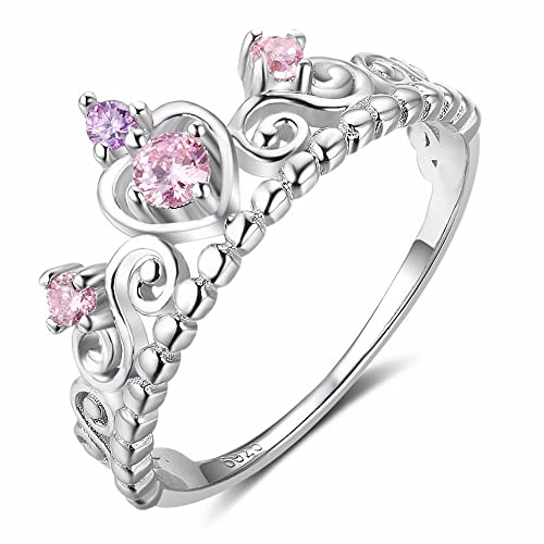Bellitia Jewelry Bagues Argent 925/1000 Femme Anneau avec 5A Zirconium pour Fille, Princesse Coeur Bague de Couronne avec Zircone Rose de Fiançailles Alliance Bague de Promesse