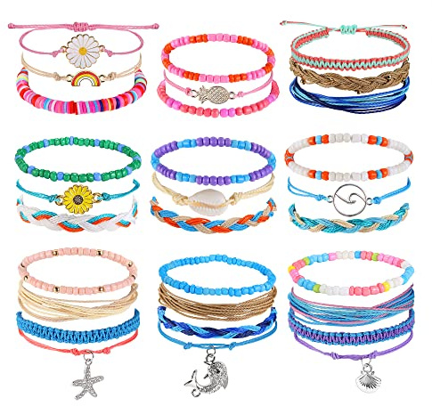 FIOROYAL 30 Piezas Pulseras Mujer Verano Ajustable Surfer Playa Pulseras Pulseras Hilo de Colores Pulsera Amistad Pulseras Tela Cuerda Boho Pulseras de Cuentas Tobilleras para Niña