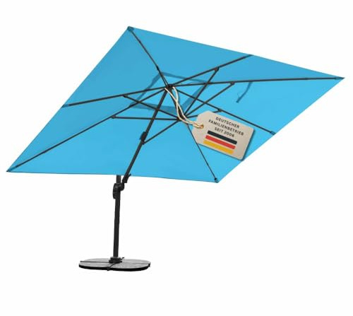 RS Trade Sonnenschirm Ampelschirm 3x4m groß rechteckig, mit Windsicherung, Ständer und Schutzhülle, drehbar neigbar kippbar mit Kurbel, windstabil für Garten Terrasse Balkon Gastronomie, türkis