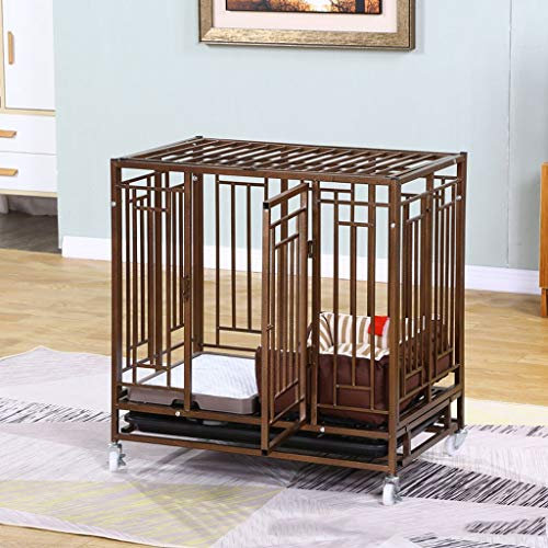 WYRMB Hundekäfig Bronzefarbener Hundekäfig für den Innenbereich mit Toilette, Hundezaun, Haushaltshaustierkäfig mit Tablett und Bremse, Universalrad-Hundekäfig (M)