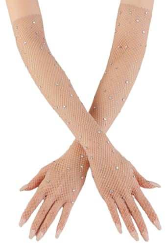 DHSBGWSX 1 par strasshandskar, handskar för damkostymer, näthandskar, fekostymer för kvinnor, sjöjungfruhandskar för kvinnor, cosplay-handskar, strass-glitternät, färg, One size