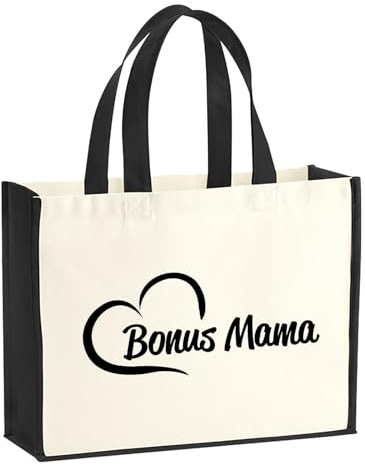 Huuraa Jutetasche Bonus Mama Herz Geschenk | Großer Shopper 21 Liter Juteshopper Black Tasche aus Jute und Baumwolle Einkaufstasche Geschenkidee Tragetasche mit Motiv