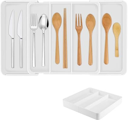 beijieaiguo Besteckkasten für Schubladen, Erweiterbarer Schubladen Besteckeinsatz für Schubladen Küchenschubladen Besteckeinsatz Cutlery Organizer Küche 5 Fächer Groß Weiß