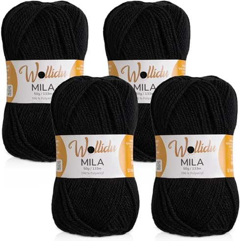 Wollidu Mila Garn zum Häkeln und Stricken 4 x 50g/133m Strickgarn 100% Polyacryl Häkelgarn Schwarz