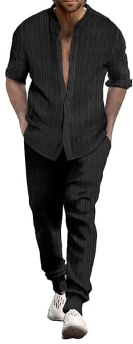 Junger Herrenanzug Slim Fit Herren Sommer Atmungsaktiv Zwei gerollte Ärmel Hemd Hose Set Herren Sportbekleidung Herren Zweiteilige Sportbekleidung, Schwarz , M