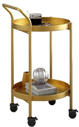 JKAVPPT Rollwagen mit Rädern, Barwagen aus Metall, runder Getränke-Drehwagen, schmaler Getränkeaufbewahrungswagen, drehbares Eckregal, dekoratives rundes Servierregal, Beistelltisch(Gold)