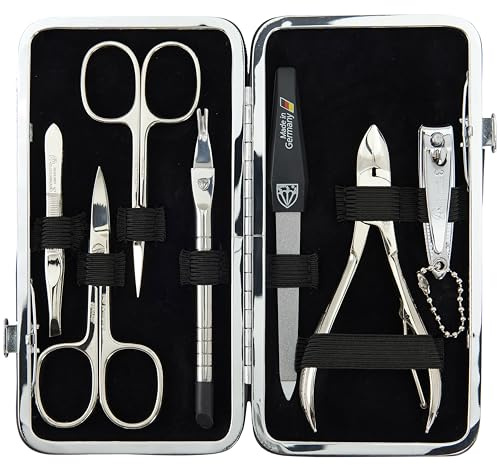 DREI SCHWERTER - Germany Maniküreset 'Rovigo' | Hochwertiges Nagelpflegeset im Jeans - Etui| Inhalt: Nagelschere, Hautschere, Nagelzange, Pinzette, Saphirnagelfeile und vieles mehr!