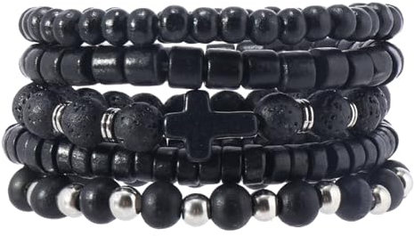 MILAKOO 5PCS Holzperlen Armbänder für Männer mit Hämatit Stein Kreuz Schwarz Perlen dehnbare Armreifen
