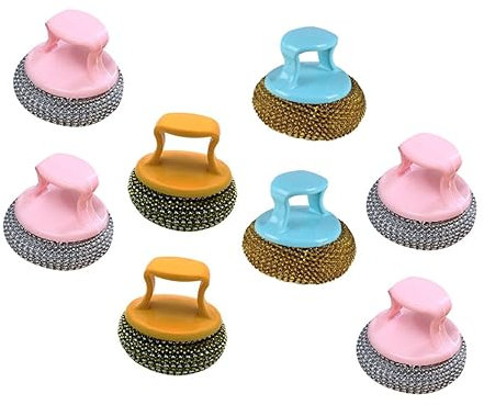 ARTSEWPLY 8pcs Steel Wire Cleaning Ball Brush Set Detachable Handle Kitchen Cleaner Portable Pan Scrubbing Tool for Dishwashing and Kitchen Cleaning Random Color