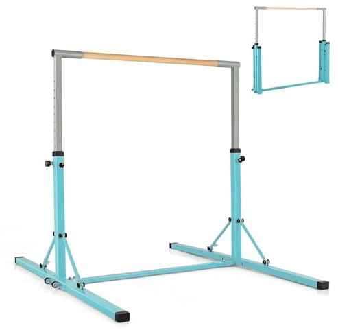 GYMAX Turnstange höhenverstellbar, Faltbare Übungsstange mit Rädern & rutschfeste Fußpolster, Turnreck bis 100 kg belastbar, Gymnastik Turnreck für Innen- & Außenbereich