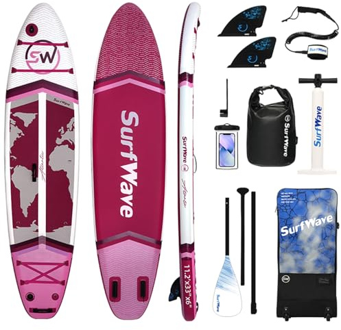 11'/6×34 Inflatable Stand Up Paddle Board w/Premium SUP Accessories & Backpack, Beginner SUP, Bottom Fin for Paddling, Paddle, Leash, Surf Control, Non-Slip Deck (Pink,White+Red)