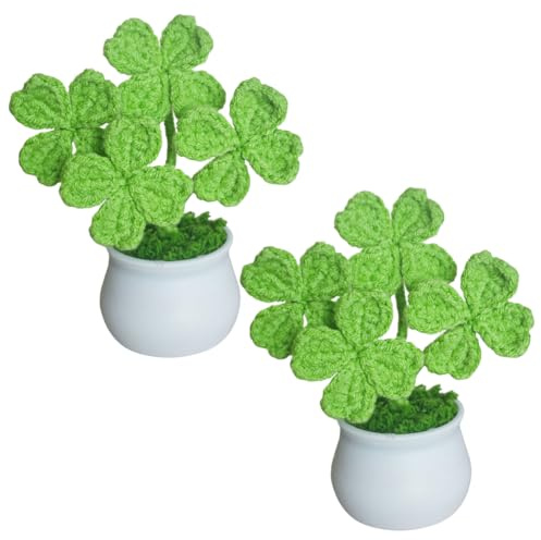 Magicherry 2 Pcs Handmade Crochet Four Leaf Clover Potted Plants, Green