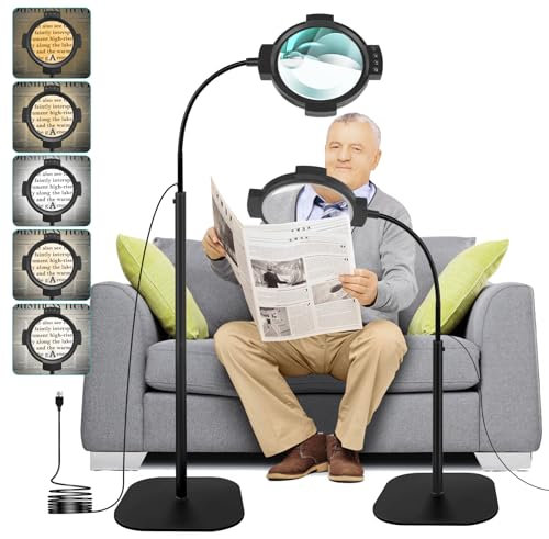 10X 30X Magnifying Glass with Light & Floor-standing, 54 LED Dimmable Floor Lamp, 3 Levels, 2-in-1 Gooseneck Lighted Magnifier for Reading, Sewing, Crafts, Close Work