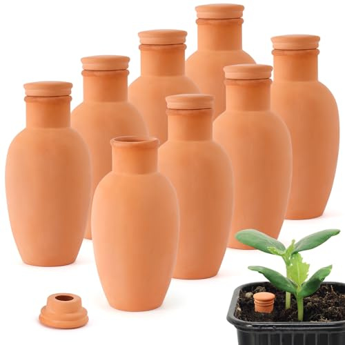 EXQUAILTY Olla-Töpfe für den Garten, 7,9 x 7,9 x 15,2 cm, Terrakotta-Bewässerungssystem, Terrakotta-Bewässerungstöpfe mit Deckel, Terrakotta-Kugeln, Ton für Innen- und Außenbereich, Terrakotta-Ton, 8