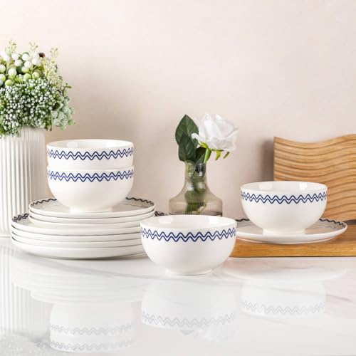 LeRatio Dinner Set for 4, 12 Pieces Porcelain Plates and Bowls Set, Chip & Scratch Resistant Reactive Glazed Dinnerware Set, Dishwasher & Microwave Safe Crockery Set LDW085WE