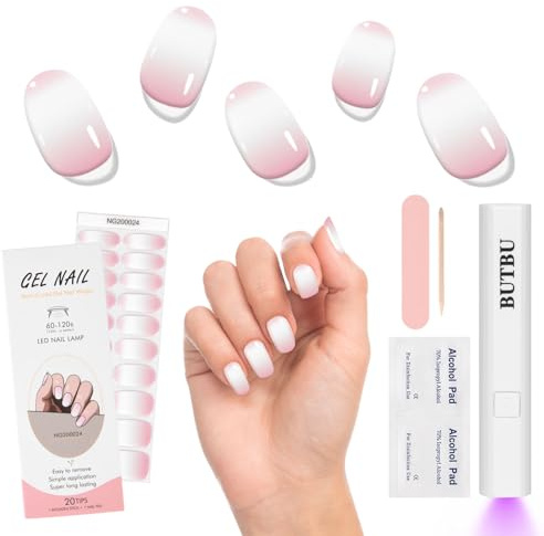 BUTBU Uñas de Gel Pegatinas, 20 Piezas Gel Semicurado de Pegatinas,Uñas Ge-l Pegatinas UV, con Mini Lámpara U-V y Lima de Uña-s, Adecuada para Manicura DIY(Gradiente)