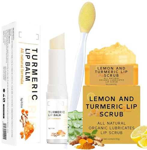 Kurkuma-Lippenbalsam und Lippenpeeling für dunkle Lippen zum Aufhellen mit Pinsel-Set, 3-teiliges Lippenpeeling für Lippenpeeling, Erweichung und Hydratation, hellt Linien und Farbe auf