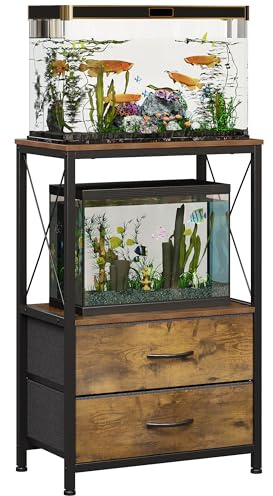 Welfuturer 10 Gallon Aquarium Stand with 2-Tier Shelf Fish Tanks Stands with 2 Drawers Metal Frame Heavy Duty Reptile TurtleTank Stand with Storage for Living Room Brown