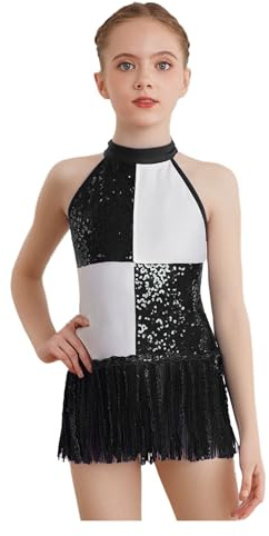 Linyuir Bambina Collo A Tracolla Abiti da Ballo Paillette Blocco Colore Abiti da Danza con Gonna Frange Latino Moderno Jazz Samba Salsa Valzer Outfit Nero 7-8 Anni