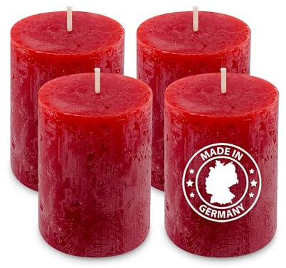 Rote Stumpenkerzen durchgefärbt, Stumpenkerzen, rustikale Kerzen, RAL zertifiziert, aus Pflanzenwachs, Ohne Palmöl Selbstverlöschend, 80x60mm für Tischdeko & Hochzeiten, bis zu 100h Brenndauer