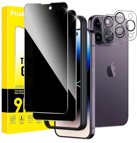Pnakqil Sichtschutz für iPhone 14 Pro Panzer Schutz Glas mit Kameraschutz,Privacy Schutzfolie Displayschutz,Anti-Spy Schutzglas Panzerfolie Blickschutz mit Rahmen Positionierhilfe,2+2 Stück