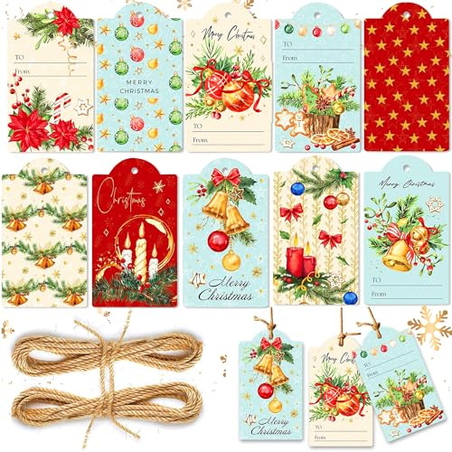 LaVenty Vintage Weihnachtsgeschenkanhänger mit Schnur Weihnachtsanhänger | 60 Stück Vintage Weihnachtsgeschenkanhänger mit Schnur Weihnachtsanhänger Weihnachtsmann Schneemann Geschenkanhänger