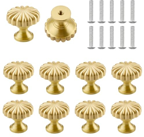 RenSton 10 Pack Gold Cupboard Knobs, Pumpkin-Shaped Brass Handle, Single Hole Round Cupboard Drawer, Gold Wardrobe Door Knob with Screws for Cabinet Drawer Cupboard Wardrobe