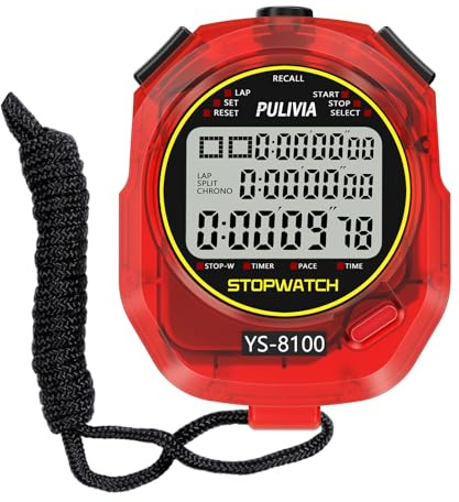 PULIVIA Cronómetro Deportivo, Cronómetro Digital 100 Vueltas/Fracciones con Regresiva, Despertador Calendario Pantalla Grande, Cronómetro para Entrenadores Carrera Entrenamiento Deportivo, Rojo