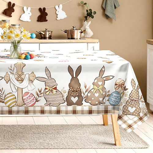 Arquiel Tovaglia Pasquale Rettangolare Lavabile in Lavatrice 152x264 cm, Coniglietto Beige Per Bambini, Tessuto Impermeabile No Stiro Design per Cucina, Pranzo di Pasqua Sala da Pranzo e Giardino