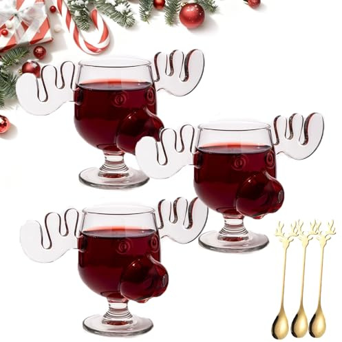Generisch Elchgläser Set – Weihnachtsgläser 300ml Hoch & Niedrig, Moose Christmas Glass, Elk Glasses Christmas Mug, Eierlikör Gläser für Winterdrinks (3 PC Kurzstielglas)