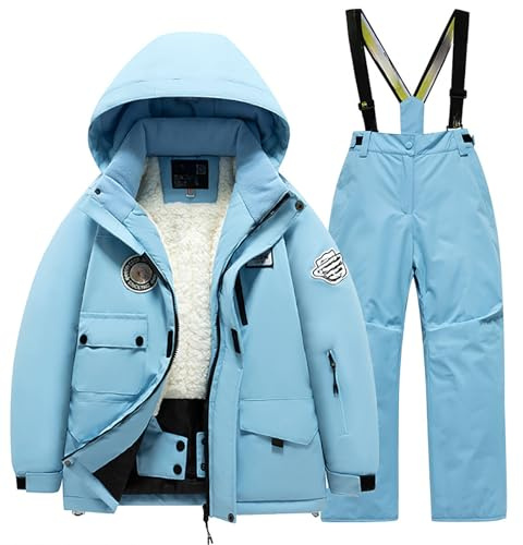 Generisch 2026 Completo da sci per bambini in pile con tasca, giacca e pantaloni invernali, per snowboard, unisex, per bambini, caldo, per la neve, Azzurro, 4-6 Anni