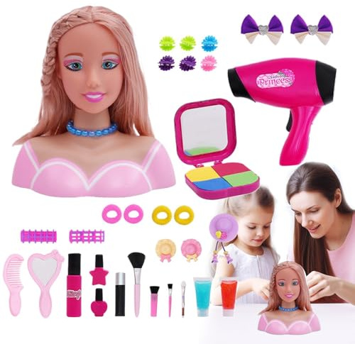 Testa di bambola per acconciature - Set di giocattoli per bambini con esercizi di bellezza con capelli lunghi, kit di rifacimento di giochi finti | Caratteristiche facciali modello di allenamento