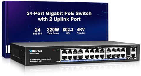 26 Port Gigabit PoE Switch with 24 Port PoE+ 1000Mbps, 2x1000Mbps Uplink, GiGaPlus 26 Port IEEE802.3af/at PoE @320W, Support VLAN, Metal Housing, Desktop Or Wall-Mount, Plug & Play