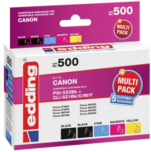 edding Druckerpatrone EDD-500 - Multipack 5-2X Schwarz, Cyan, Magenta, Gelb - 1x 20 ml + 4X 10,5 ml - Reichweite 1x 405 4X 960 Seiten - Ersetzt Canon PGI-520/CLI-521BK/C/M/Y