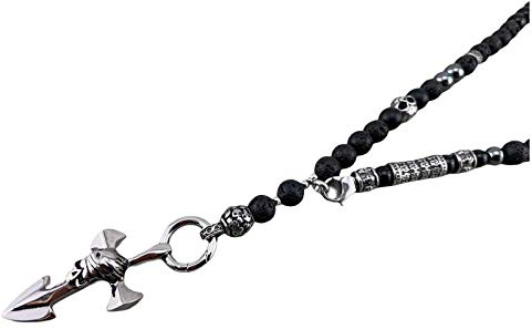 Halskette Y-Kette Rosenkranz schwarze Lavaperlen, Lavasteine Onyx, Schmuck für Herren, mit Anhänger, Perlenkette Totenkopf Skull Kreuz K97