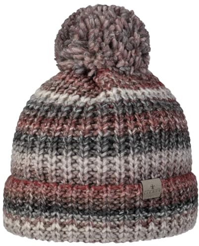 LIERYS Finja Bommelmütze Strickmütze Damen Made in Germany Pudel-wintermütze Schurwolle Beanie Herbst/Winter grau-rot One Size