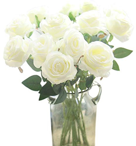 Bringsine Artificial Silk Flowers Realistic Roses Bouquet Long Stem for Home Wedding Decoration Party (White)