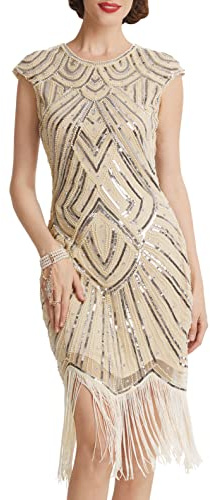 BABEYOND Damen Kleid voller Pailletten 20er Stil Runder Ausschnitt Inspiriert von Great Gatsby Kostüm Kleid (Beige Strass, XS (Fits 70-74 cm Waist))