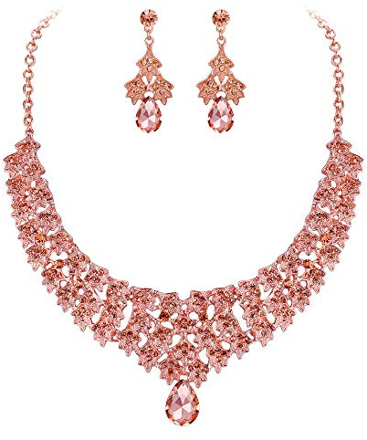 EVER FAITH Damen Schmuckset Österreichischen Kristall Hochzeit Floral Blatt 2 Schichten Halskette Ohrringe Set für Bankett Prom Champagn-Rosa Gold-Ton