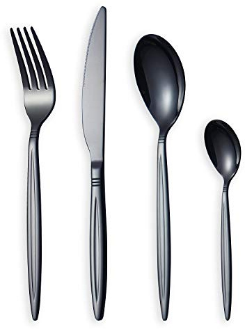 HOMQUEN Juego de Cubiertos de Acero Inoxidable Negro - 24 Piezas, Titanio Negro Brillante, Servicio Para 6