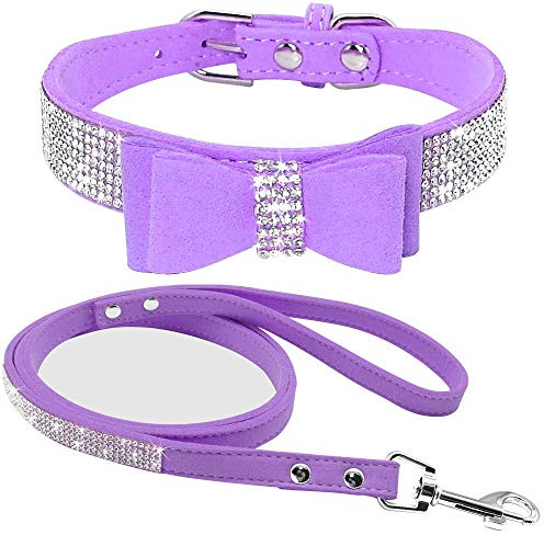 haoyueer Hundehalsband aus weichem Wildleder, schillernd, funkelnd, elegant, ausgefallen, mit Strasssteinen besetzt, für Haustiere, Welpen, Katzen, Hunde, Kombi-Set mit Leine (XS, Lila 1)