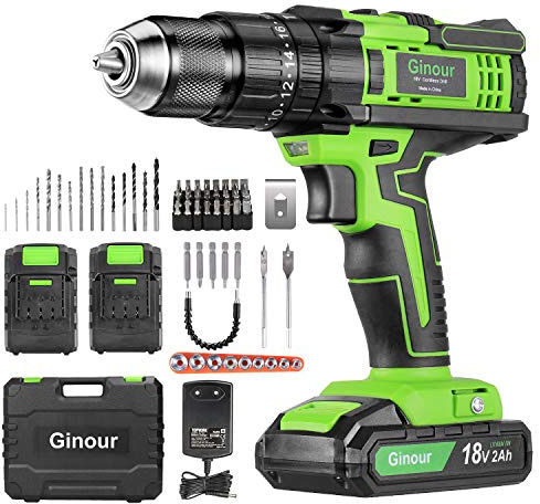 Ginour - Taladro inalámbrico (18 V, con 2 baterías, 33 accesorios, y caja de transporte