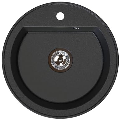 Manestein Spülbecken, Küchenspüle aus Granit, Einbauspüle, Einzelbecken mit Siphon, Fleckenbeständig und Pflegeleicht, 80% Quarzsand, 1 Becken, Rund, Ø 51, Graphit - Schwarz Gesprenkelt