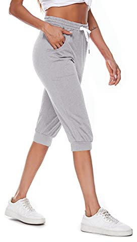 Ietaoo Joggingbyxor dam 3/4 sportbyxor sommar bomull capribyxor sweatpants löparbyxor fritidsbyxor sport fitness yogabyxor med ficka, GRÅ, M