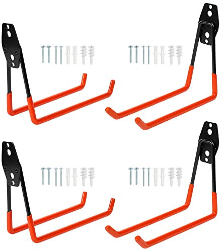 Knpwer 4 Stück Garagenhaken,Garage Storage Doppelhaken Wandhaken,Heavy Duty Wandhalterung Werkzeughalter für Schüttgüter,Fahrräder (Orange, 19 * 16cm)
