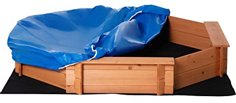 Outsunny Bac à Sable en Bois Massif, octogonal,140 x 140 x 21,5 cm, 4 bancs avec bâche de Couverture et Sol Non tissé, Protection UV, Facile à Installer, Jeux extérieur Enfant, Orange